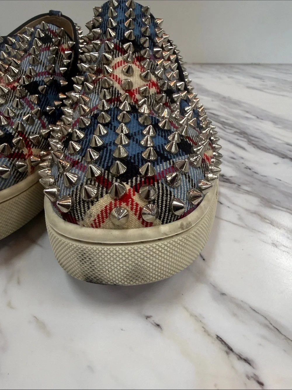 Christian Louboutin Blue Plaid Spike-Embellished Slip-Ons
